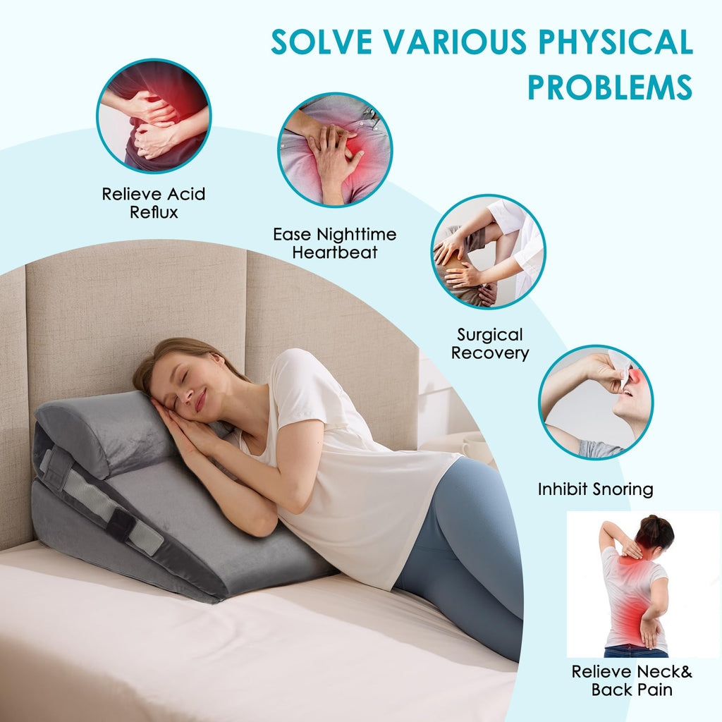 WGAKCED 3Pcs Wedge Pillow Set for After Surgery,Acid Reflux Relief, Adjustable Bed Wedge Pillows for Sleeping,Anti Snore, Memory Foam Triangle Pillow for Back&Neck&Shoulder Pain Relief, Plush Grey