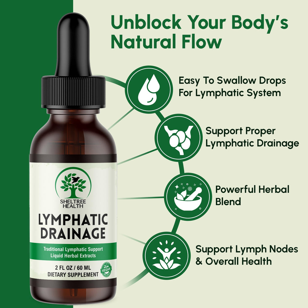 SHELTREE HEALTH Lymphatic Drainage Drops, 2 Fl. Oz | Organic Lymphatic Drainage Supplements with Cleavers, Red Clover Flower, Stillingia Root, Prickly Ash Bark, Dandelion | Vegan | Non-GMO