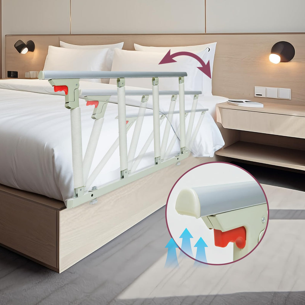 JIKEXINGMENG 30″ Folding Bed Rail–Safety Bed Rails for Elderly Adults (Twin–King,Tool-Free) Supports300lbs|Non-SlipStrap&FoamBase|180°Fold-DownDesign|Height17–21″Adjustable|PaddedGrip&OrganizerPouch