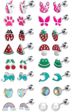 16 Pairs Hypoallergenic Screw Back Earrings for Women Girls 316L Stainless Steel Unicorn Butterfly Strawberry Cherry Flat Back Stud Earrings Jewelry Gift