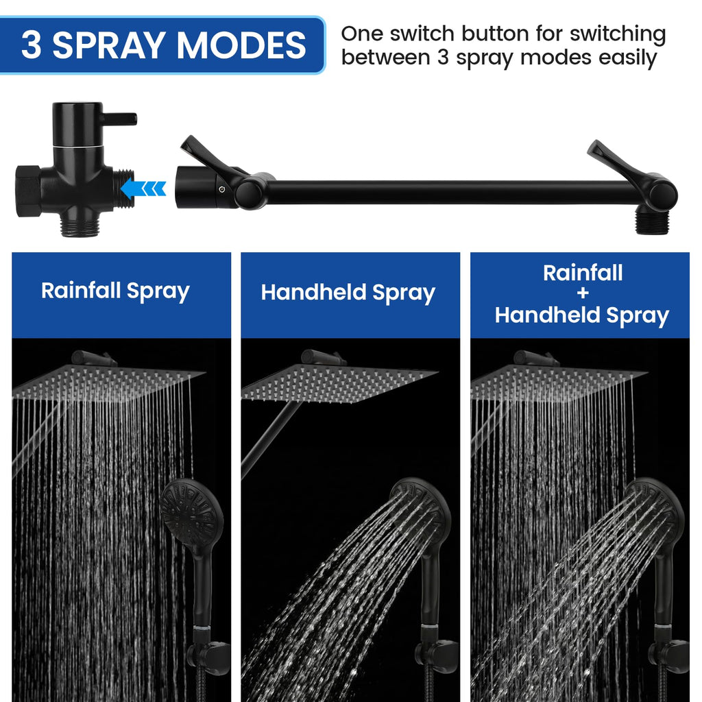 Tudoccy Shower Head, 8‘’ High Pressure Rainfall Shower Head/Handheld Shower Combo with 11'' Extension Arm, 9 Settings Anti-leak Shower Head with Holder, Height/Angle Adjustable, Matte Black