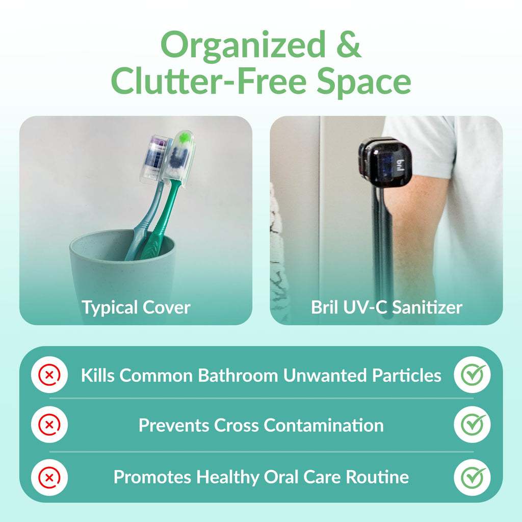 Bril UV-C Toothbrush Sanitizer and Holder – Wall Mounted, Rechargeable, 30-Day Battery, Magnetic Mount, Fits Electric and Manual Brushes, Portable Travel Case, Auto-Shutoff – Black