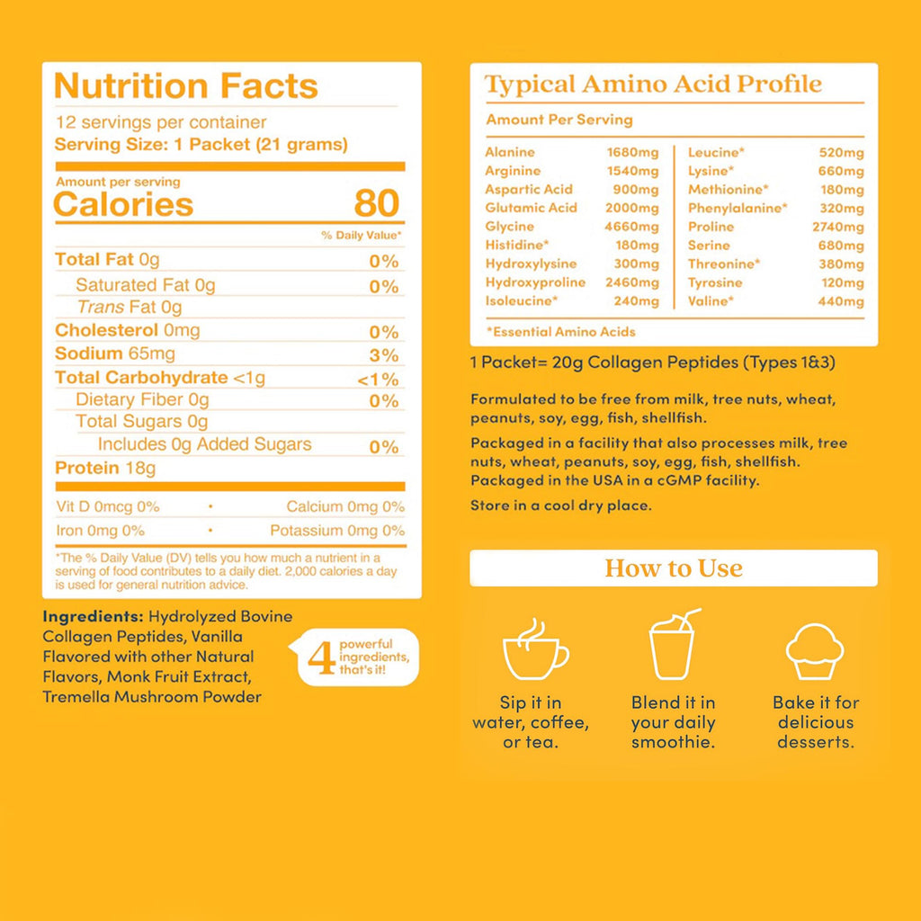 Further Food Vanilla Collagen Peptides Powder with Tremella Mushroom – 100% Grass-Fed, Hydrolyzed Type 1 & 3, 20g of Collagen per Serving, Supports Skin, Hair, Nails & Joints, Stick Packs, 8.89 Oz