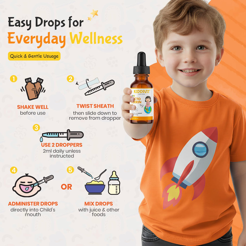 Kiddivit Lactoferrin Kids Liquid Drops with Vitamin C – 30 Daily Servings, 2 FL OZ (60 mL) – Immune & Digestive Support – Sugar Free, Gluten Free