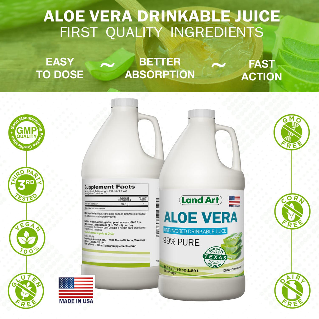 Land Art - Pure Aloe Vera Juice Unflavored – Cold-Processed - 99.7% Organic Aloe Vera Inner Fillet from Fresh Texas Leaves – Digestive Health, Detox and Natural Wellness – 64 fl oz