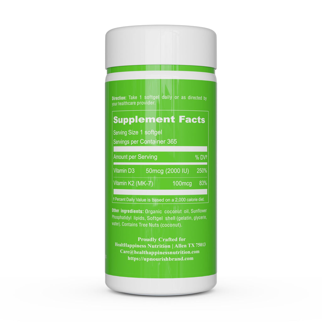 UpNourish Liposomal Vitamin D3 K2 2000 IU with K2 MK-7 100 mcg - 365 Vitamin D3 k2 (Vitamina D3 con K2) Mini Softgels with Organic Coconut Oil - Easy to Swallow K2 D3 Vitamin Supplement