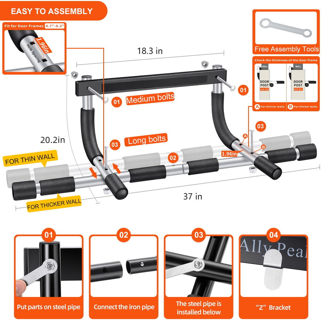 ALLY PEAKS Pull Up Bar Thickened Steel Pipe Super Heavy Duty Steel Frame Upper Workout Bar| Multi-Grip Strength for Doorway | Indoor Chin-Up Bar Fitness Trainer for Home Gym Max Limit 440 lbs