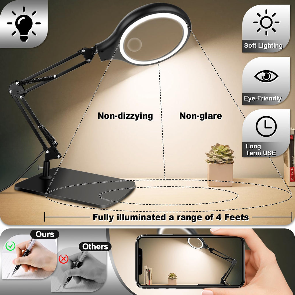 NZQXJXZ 10X 30X Large Magnifying Glass with Light and Stand, 5-inch LED Lighted Magnifier, 3 Color Modes Stepless Dimmable, Hands-Free Magnifying Glass Desk Lamp for Reading Craft Hobby Close Work