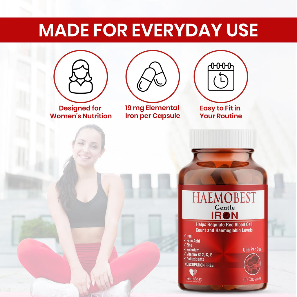 HealthBest High Potency Gentle Iron Capsules 19mg |Slow Release Iron for Faster Absorption, Non-Constipating| Vitamin C, B12, Folate Zinc & Selenium for Anemia, Hemoglobin & Immune Support |60 Count