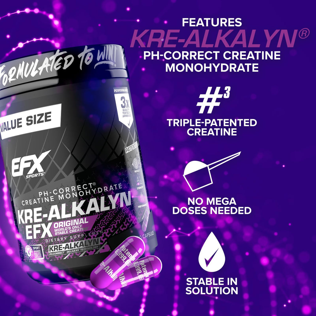 EFX Sports Kre-Alkalyn EFX | pH Correct Creatine Monohydrate Pill Supplement | Strength, Muscle Growth & Performance | 200 Servings, 400 Capsules