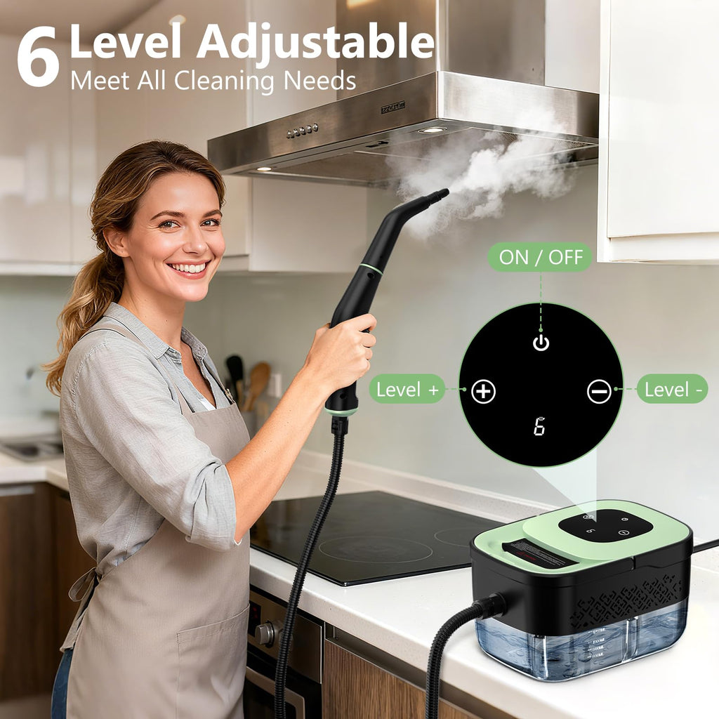 Steam Cleaner, Portable Steamer for Cleaning with 16pcs Accessories, 6-Level Adjustable and 15s Heat-Up, Handheld Steam Cleaner for Home, Tile, Dirt, Grout, Grease, Car Detailing, Dark Green