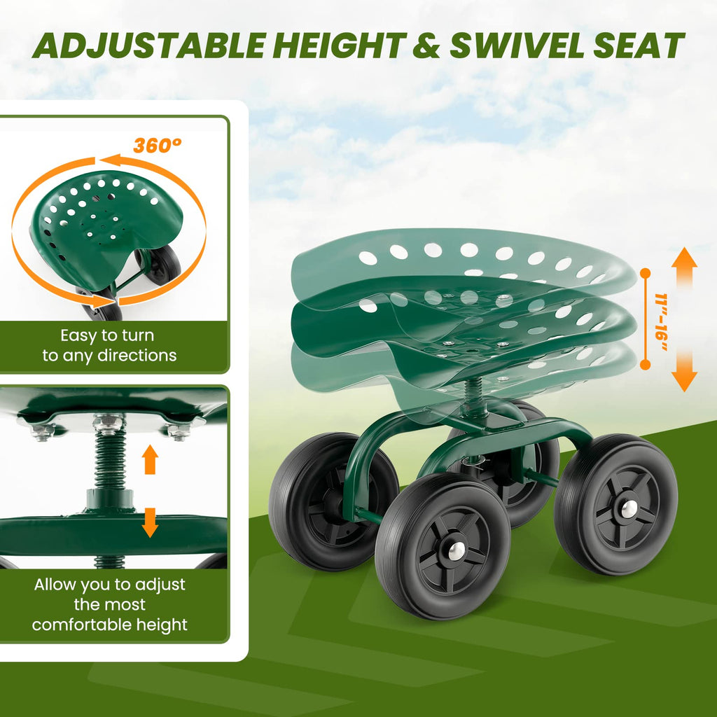 LDAILY Garden Seat with Wheels 11"-16" Adjustable Height for Lawn Planting