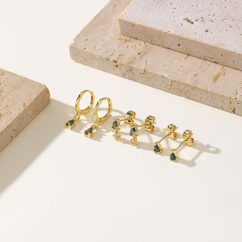 Moss Agate Gold Earrings for Women Set Stud Earring Stacks 14k Gold Plated Hypoallergenic Huggie Hoop Earrings Set Green Gemstone Dangle Earring Golden Jewelry Gifts For Women