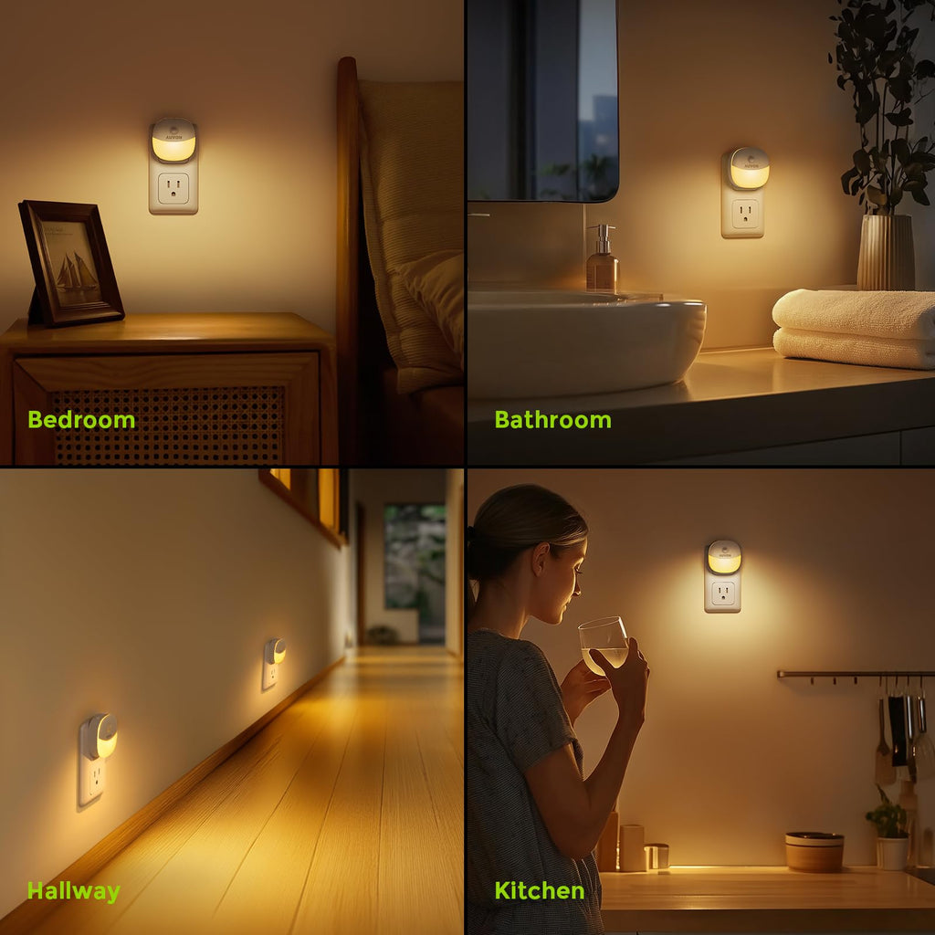 AUVON Plug in Night Light with Motion Sensor and Dusk to Dawn Sensor, Mini Warm White LED Nightlight with 1-50 lm Adjustable Brightness for Bathroom, Hallway, Stairs, Bedroom, Kitchen (4 Pack)