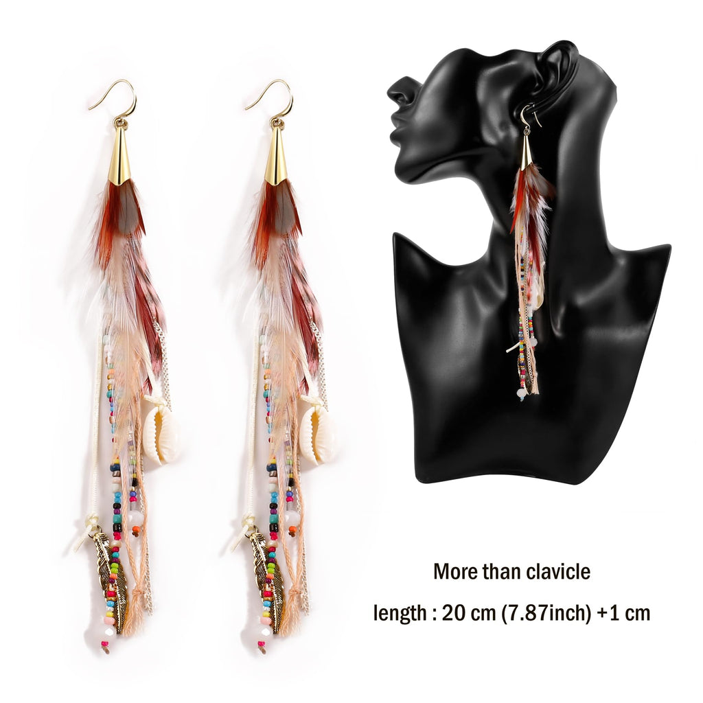 Bohemian Feather Dangle Earrings for Women with Shell Beads Long Tassel Design Drop Earrings (Style-Boho)