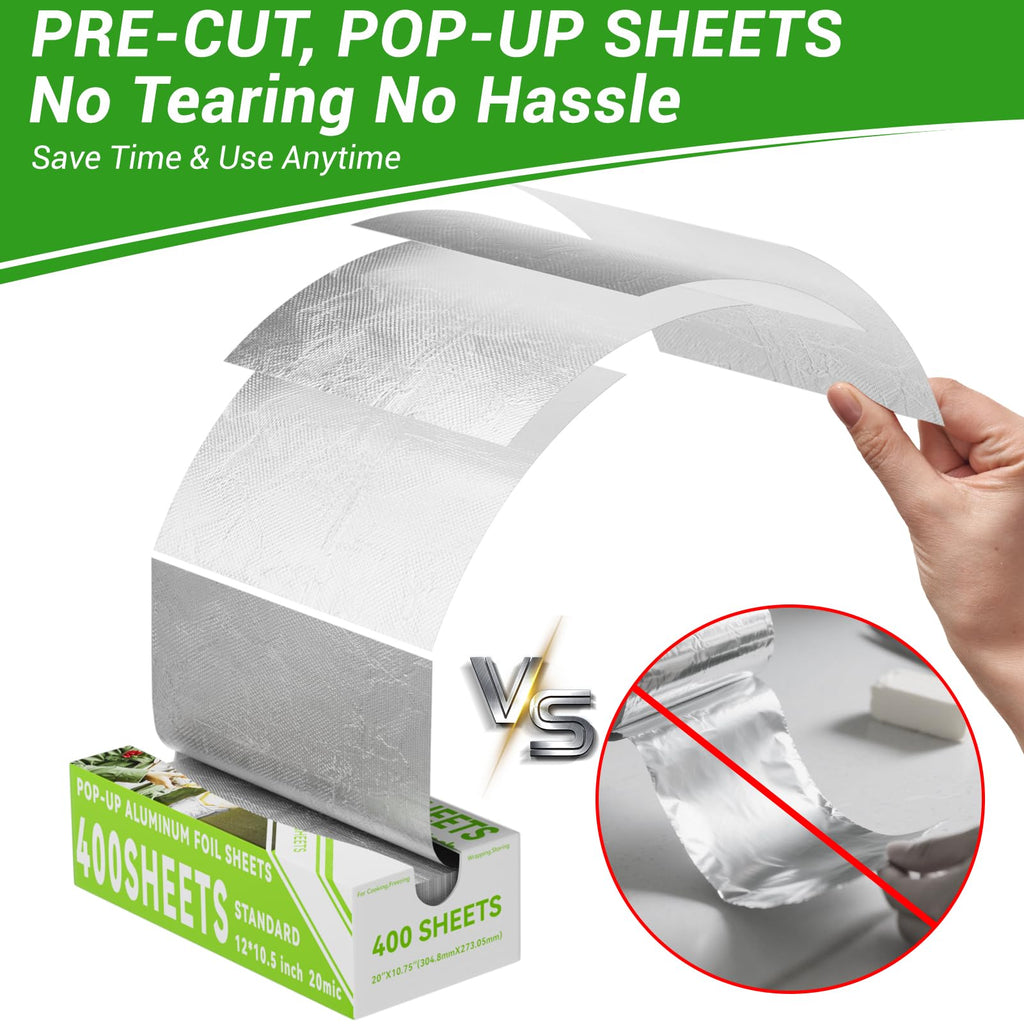 Aluminum Foil Sheets, 400 Count Tin foil,12" x 10.5" Pre-Cut Pop-Up Dispenser for Food Wrap, Hot Dog or Sandwich Wrap,Food Storage, Baking, Catering, Restaurant,Kitchen Use (Silver, 12 Inch)