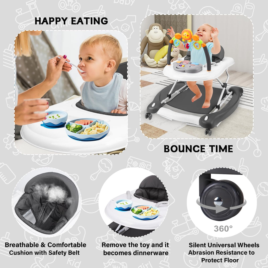 RefoereBabe Baby Walker with Wheels, 5 in 1 Baby Walkers for Boys Girls 6-12 Months, Foldable Walker Baby with Bouncer & Feeding Tray, Music, Adjustable Heights