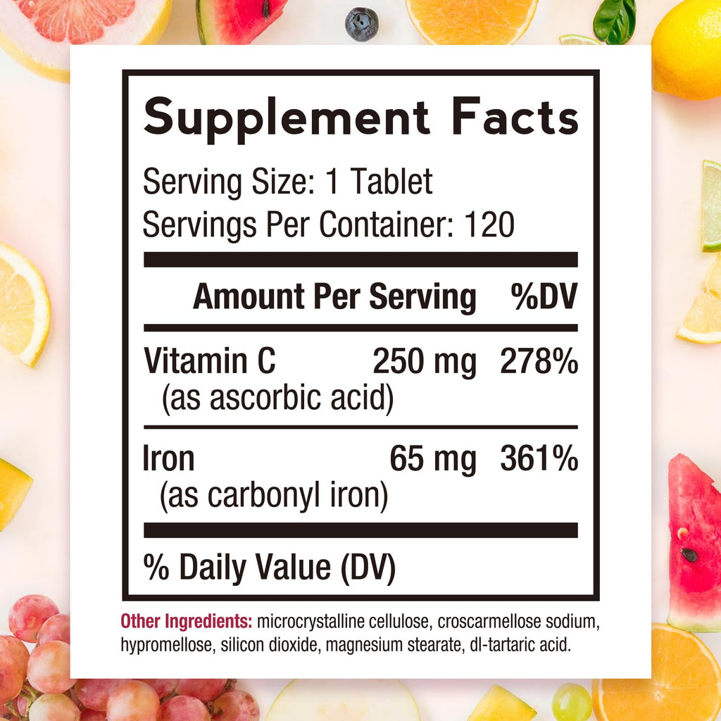 Doctor's Recipes Iron Supplement 65 mg with Vitamin C - Maximized Absorption & Stomach Friendly Iron Pills for Red Blood Cells Formation, Heart, Brain & Immunity Health - Vegan Non-GMO 120 Iron Tabs