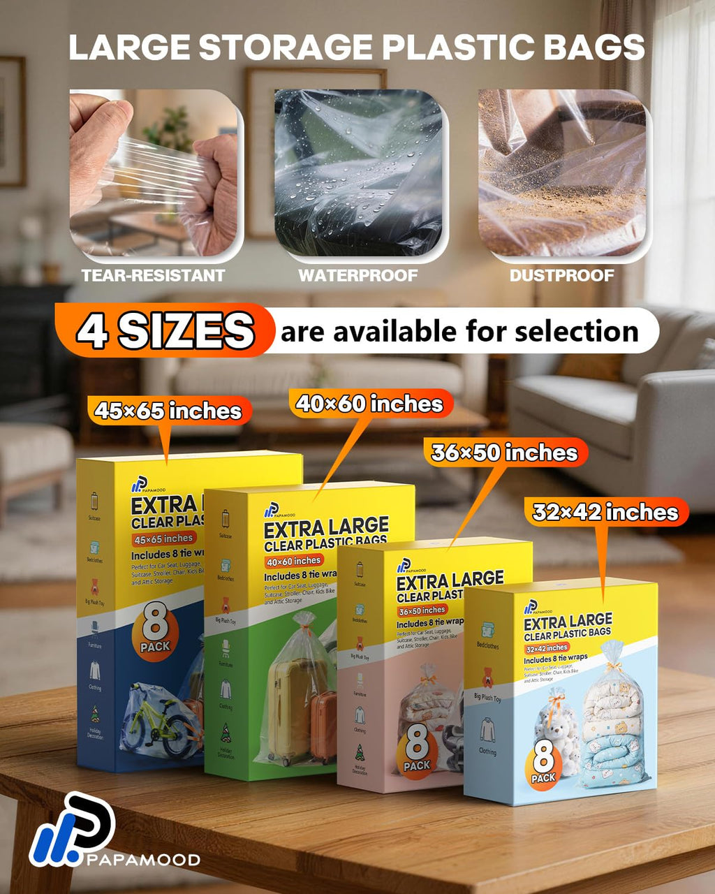 36x50 Inch Extra Large Clear Plastic Storage Bag for Luggage Cover, 8 Pack