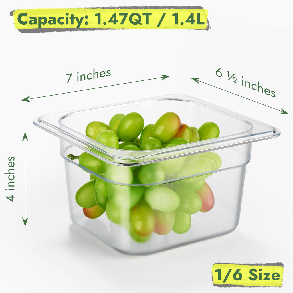 CURTA 6-Pack 1/6 Size 4" Deep NSF Polycarbonate Food Pans with Handled Lids & Drain Trays | Dishwasher & Freezer Safe Clear Container for Prep Tables, Buffet, Salad Bar, Commercial & Home Kitchen