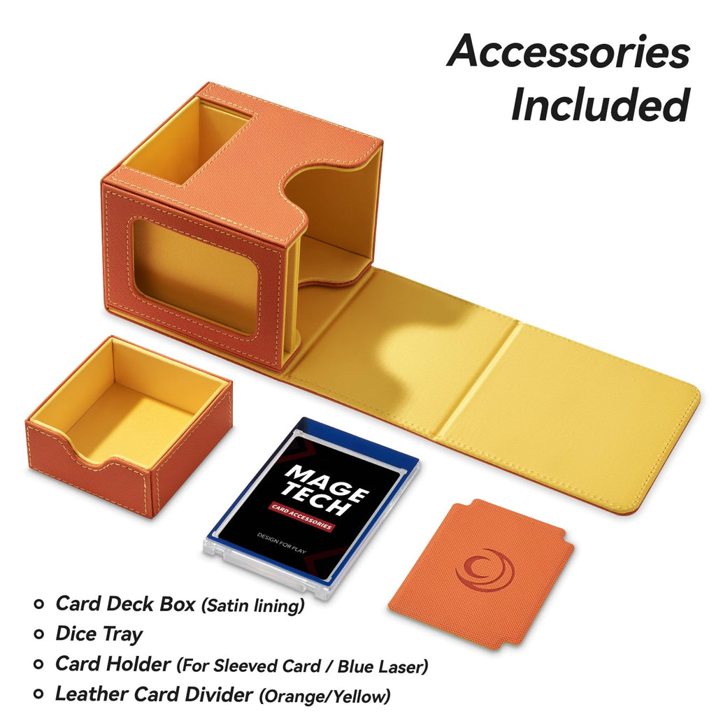 Mage Tech Card Deck Box for MTG Commander - Patented Design, Commander Display, Fits 100 Double-Sleeved Cards, 35pt Card Brick & Dice Tray - Orange/Yellow