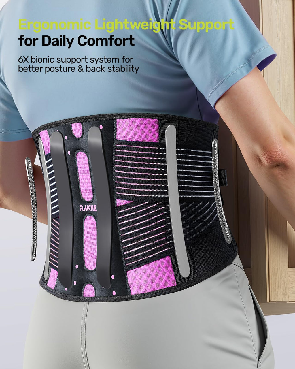 Rakiie Slim Back Brace for Lower Back Pain Relief, Lightweight & Breathable Back Support Brace for Men Women, Ergonomic Light Lumbar Support for Everyday Wear, Pink S