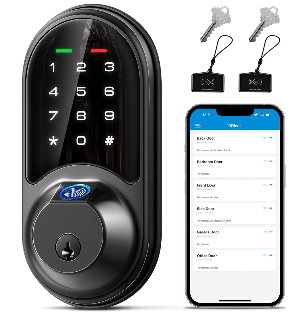 Veise RZ07 Fingerprint Smart Lock, 7-in-1 Smart Locks for Front Door, Keyless Entry Door Lock with App Control, Biometric Electronic Touchscreen Keypad Deadbolt, Matte Black