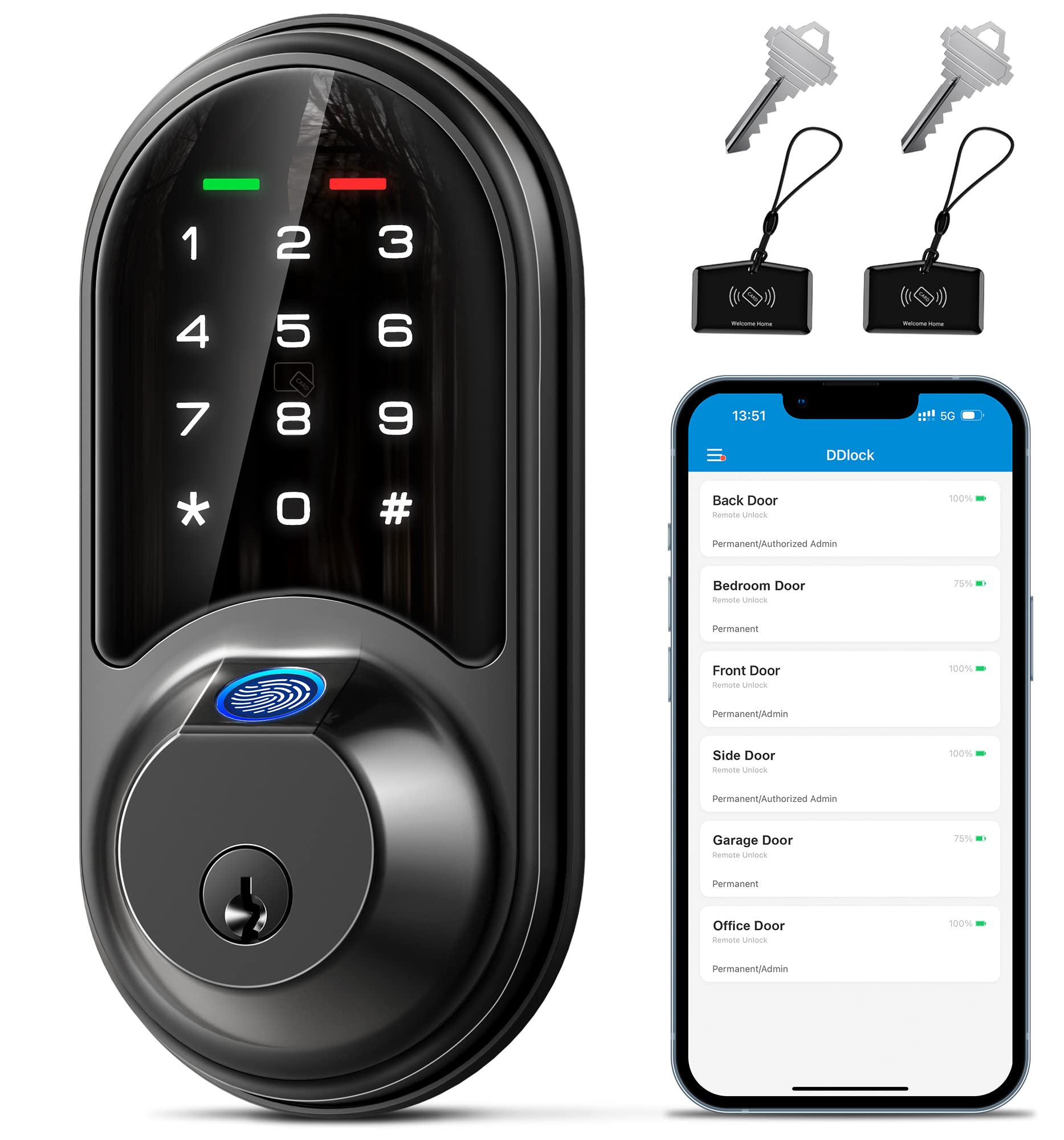 Veise RZ07 Fingerprint Smart Lock, 7-in-1 Smart Locks for Front Door, Keyless Entry Door Lock with App Control, Biometric Electronic Touchscreen Keypad Deadbolt, Matte Black