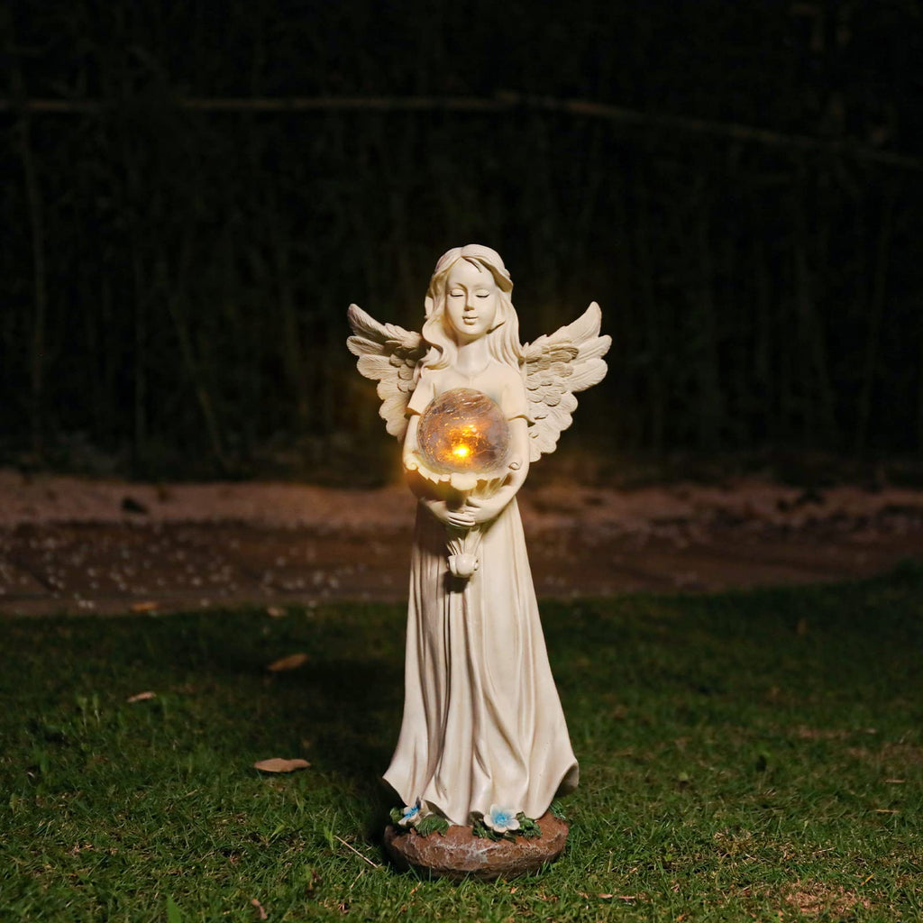 Garden Angels Outdoor Statue, Solar Angel with Crackled Glass Globe