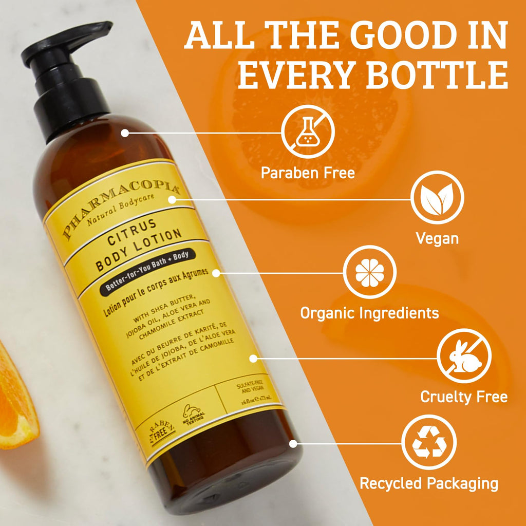 Pharmacopia Citrus Body Lotion - Hydrating Natural Moisturizer with Aromatherapy Benefits - Cruelty-Free Vegan Skin Care - Shea Butter, Aloe Vera, and Jojoba Oil - Lotion for Dry Skin, 16 oz