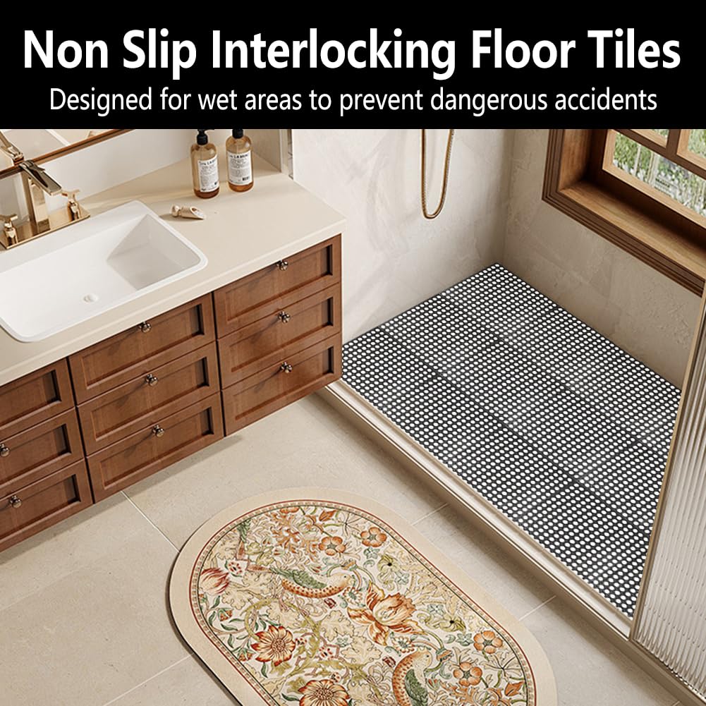 30 Pack Drainage Interlocking Tiles, 12"x12" Modular Interlocking Floor Tiles with 1 Pc Plastic Hammer Non Slip Rubber Floor mat with Holes for Pool Bathroom Deck Kitchen Patio (30, Black)