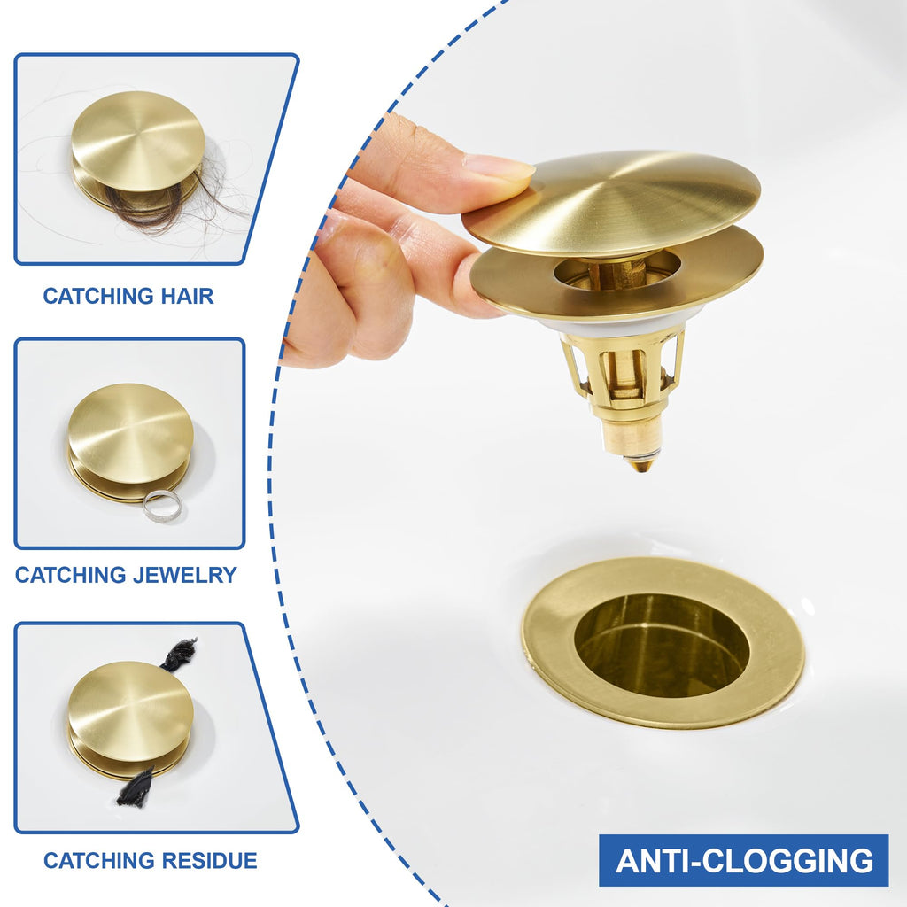PerPaiMe Universal Bathroom Sink Stopper - Pop Up Sink Drain Stopper, Push Button Flixfilter Sink Drain Stopper Replacement, Wash Basin Drain Filter Plug Anti-Clogging Basket, Brushed Gold