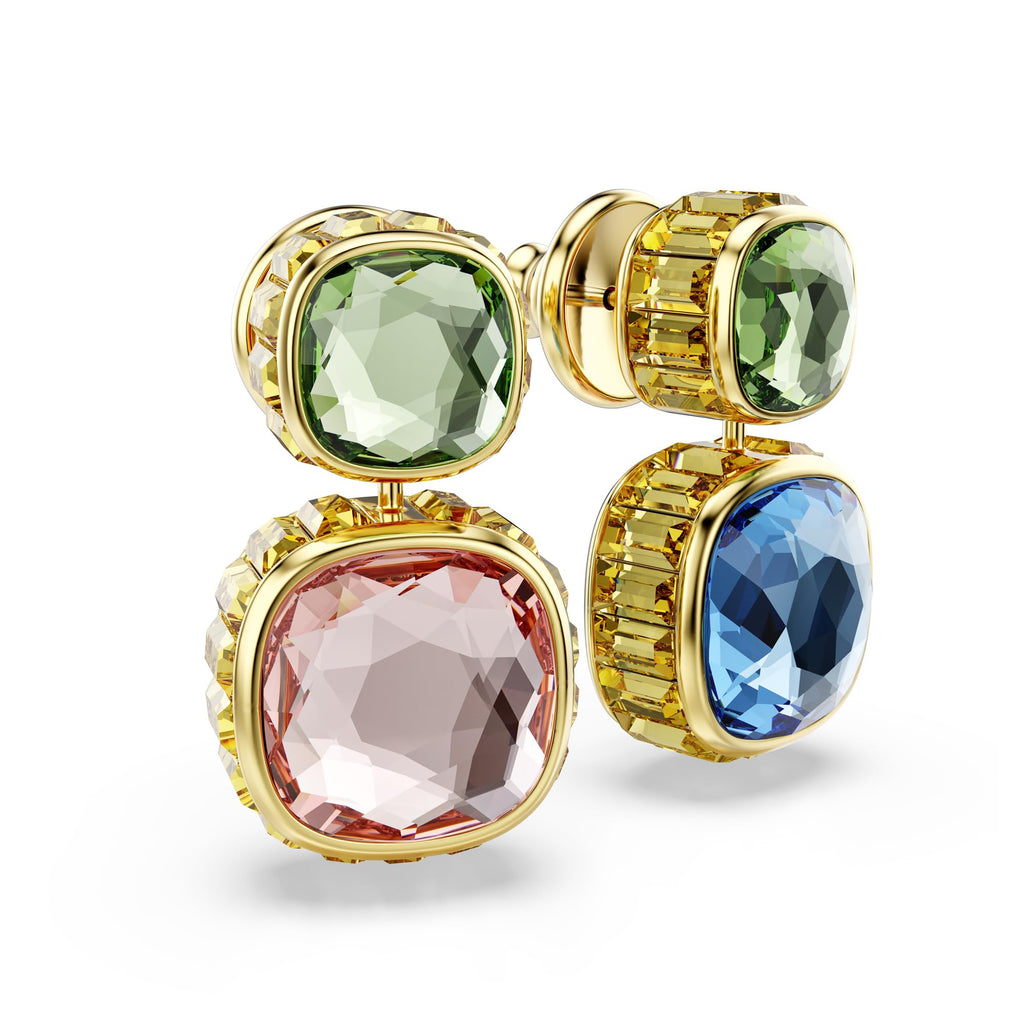 Swarovski Chroma drop earrings, Cushion cut, Multicolored, Gold-tone finish