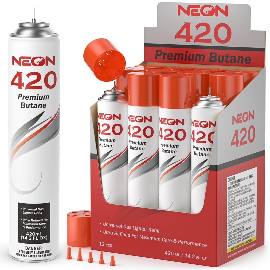 NEON Butane Refill 420ml, 11X Ultra Refined 0 Impurities Butane Fuel, Premium Universal Lighter Fluid with Metal Nozzle and 5 Butane Gas Refill Adapters for Refillable Lighters and Torches, 12 Cans