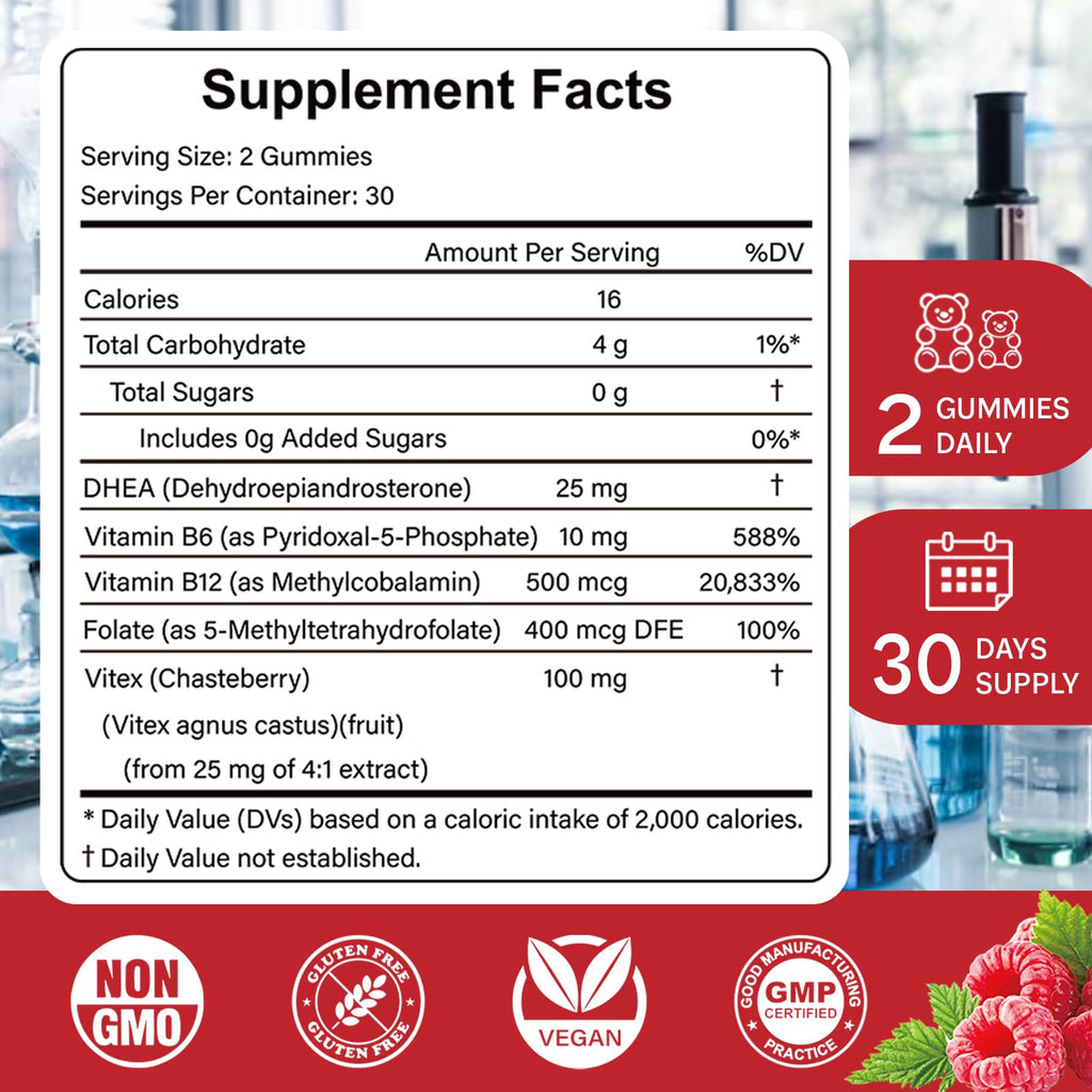 HFELIZ DHEA Supplement for Women, DHEA 25mg Gummies with B6, B12, Folate and Chasteberry for Energy Support, Vegan, Raspberry Flavor, 60 Count