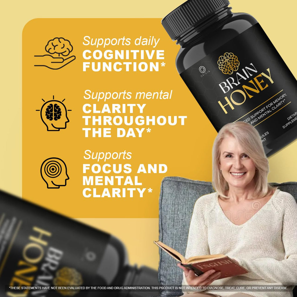Brain Honey Capsules - Official BrainHoney Advanced Support Formula All Natural Ingredients Daily Premium Pills Vitamins for Brain Health and General Wellness, 60 Capsules for 1 Month
