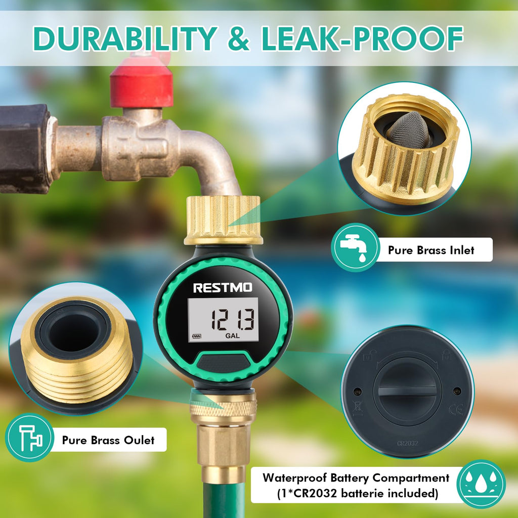 RESTMO 360° Rotatable Water Flow Meter, Pure Brass Inlet & Outlet Water Meter, Measure Gallon/Liter Consumption and Flow Rate for Garden Hose Watering, RV Water Tank Filling and Lawn Sprinkler