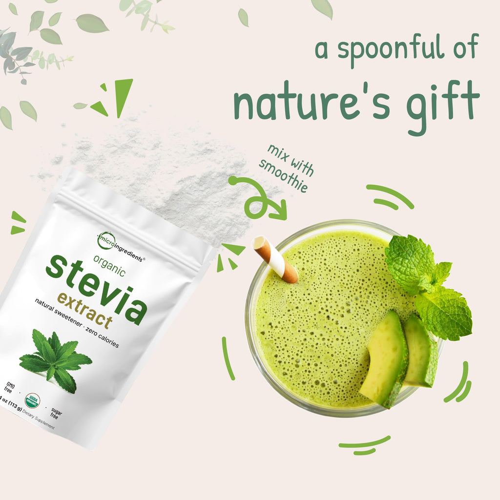 Micro Ingredients Pure Organic Stevia Powder, 4 Ounces, 706 Serving, Highest Grade Stevia Green Leaf Extract Reb-A, Reduced Bitter Aftertaste, 0 Calorie, Natural Sweetener, Sugar Alternative, Keto Friendly