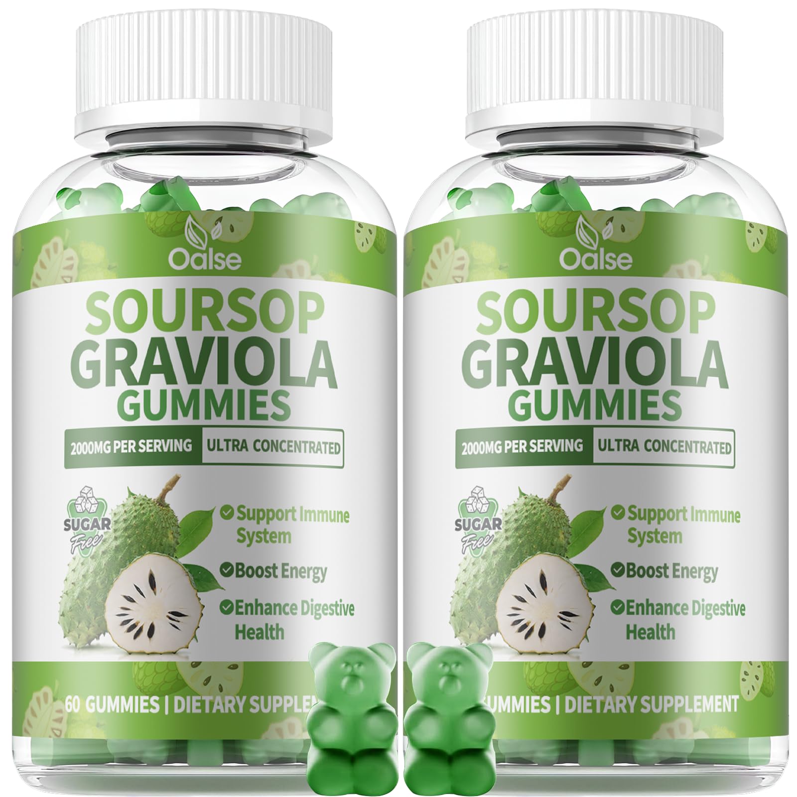 OALSE （2 Pack） Soursop Graviola Gummies, Sour SOP Leaves & Fruit Extract Plus Vitamin C and Zinc, Soursop Bitters for Immune Support, (120 Count) - Sugar Free, Vegan, Gluten Free