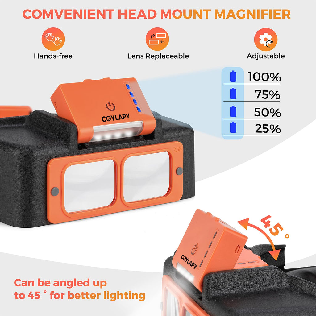 Headband Magnifier with Light, Rechargeable Magnifying Glasses for Close Work, 1.5X - 3.5X Magnify Headset with 4 Lenses, Jewelers Magnifying Glass Loupe Visor for Reading,Crafts, Hobby