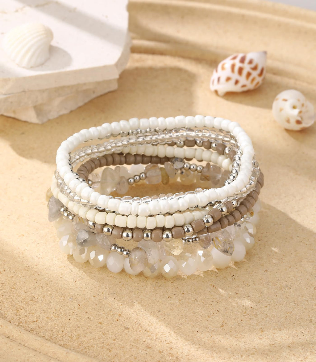 Noessla Boho Beaded Bracelets for Women Stackable Irregular Natural Stone Bead Stretch Bracelet Set 8PCS Costume Jewelry Gifts for Her(Beige)