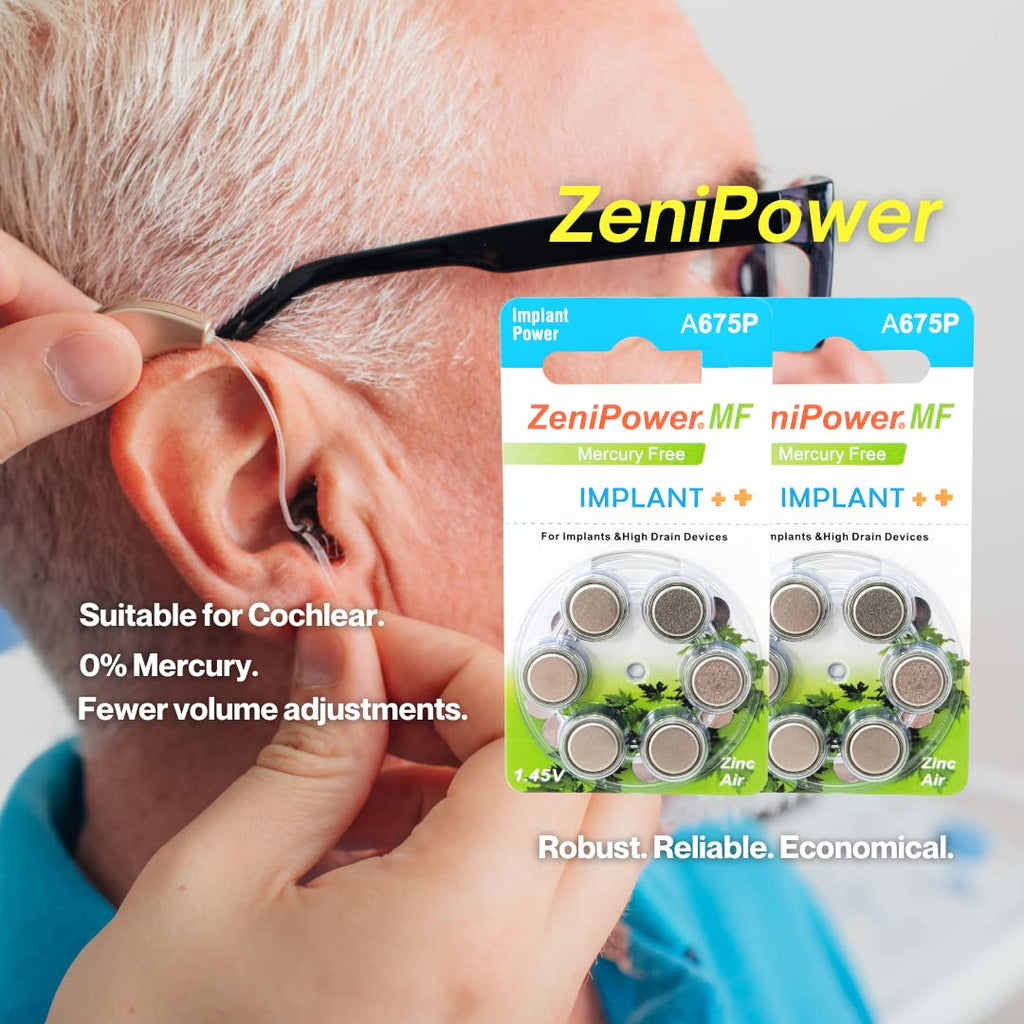 ZeniPower Cochlear Implant Batteries Size A675P Zero Mercury (60 Batteries)