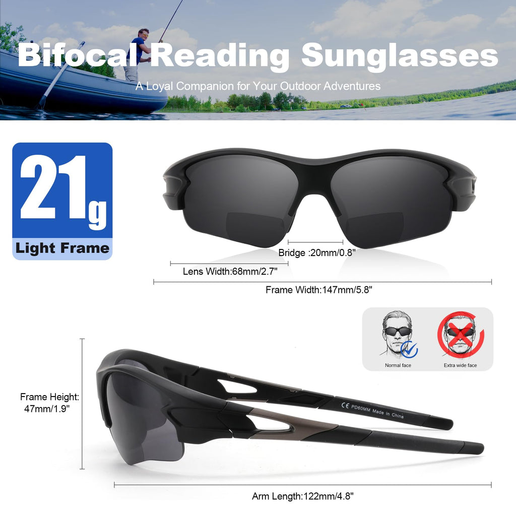 SKYOLUY Attractive Bifocal Reading Sunglasses for Men, Durable TR90 Semi Rimless Wrap Around Design Sun Readers, UV400 Near-Far Sun Glass Built in Outdoor Sports/Driving/Finshing Dark Glasses, +2.5