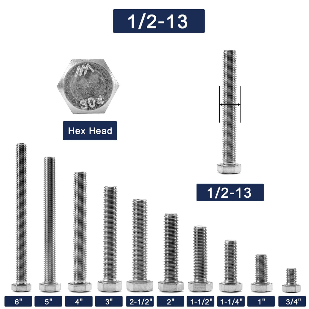 1/2-13 x 3 Hex Head Screw Bolt, 10Pcs 18-8 (304) Stainless Steel, Fully Threaded, Plain Finish, by SG TZH