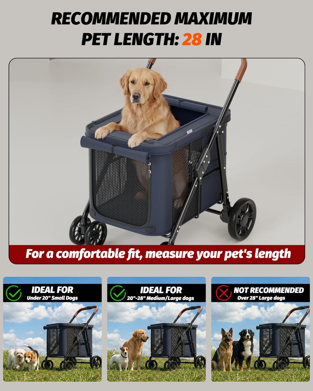 NUGUTIC Dog Stroller for Large & Medium Dogs, Pet Stroller for 2 Small Dogs Up to 80 Lbs, Extra Large Heavy Duty, Folding & Breathable, All-Terrain Wheels, Navy Blue