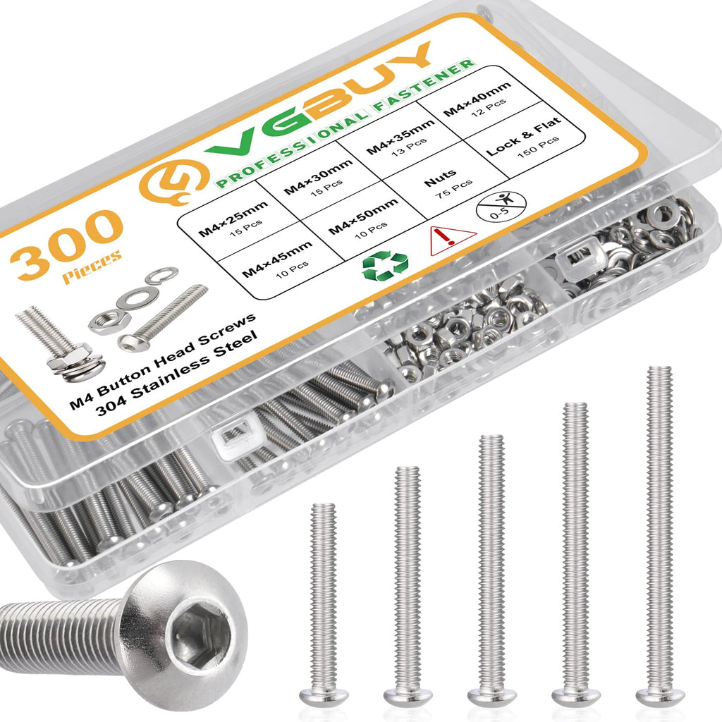 VGBUY 300pcs M4 Screws Assortment, M4 Screws Bolts for 3D Printer DIY, Hex Button Head Cap Screw Bolts Nuts Washer Kit, 304 Stainless Steel, 25/30/35/40/45/50mm