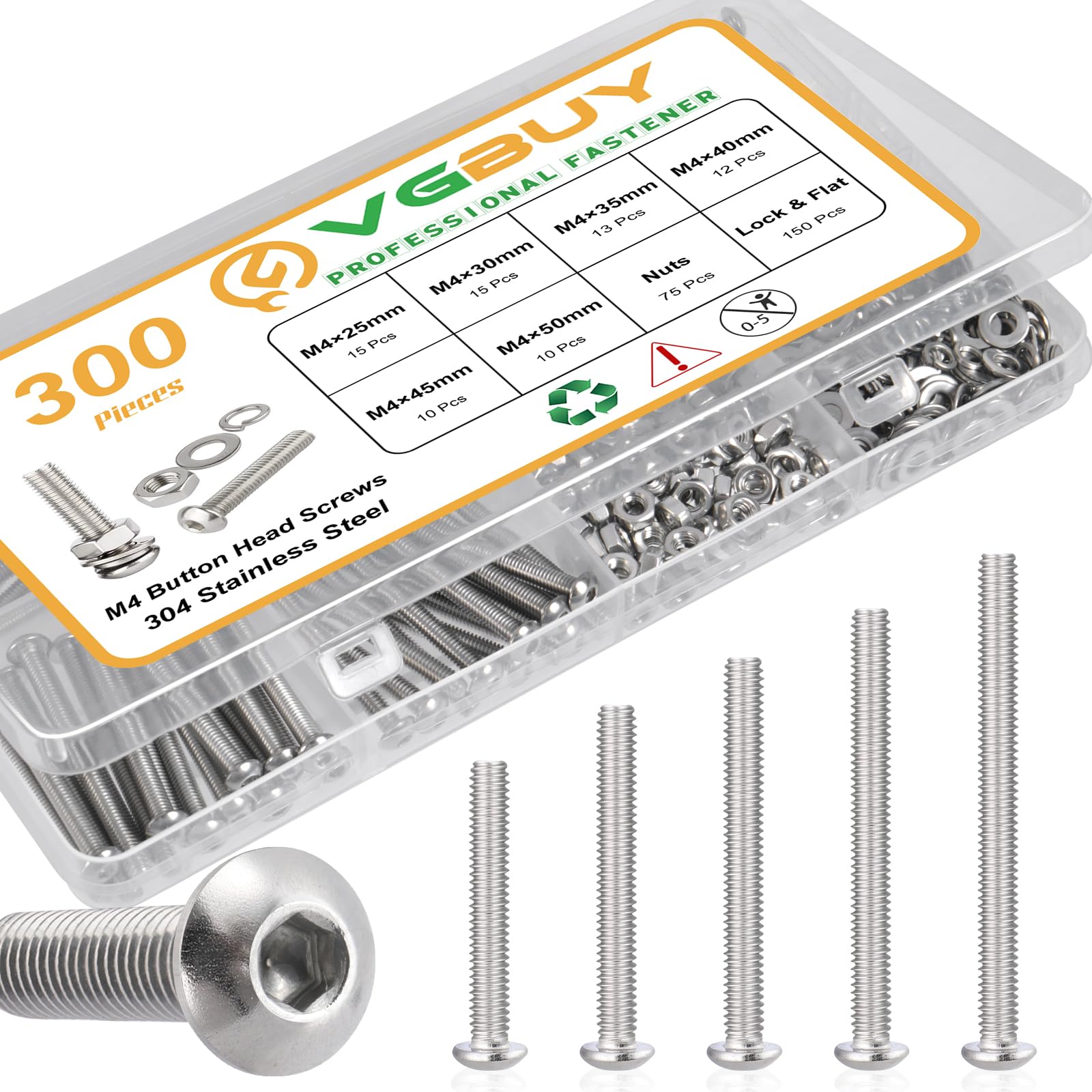 VGBUY 300pcs M4 Screws Assortment, M4 Screws Bolts for 3D Printer DIY, Hex Button Head Cap Screw Bolts Nuts Washer Kit, 304 Stainless Steel, 25/30/35/40/45/50mm
