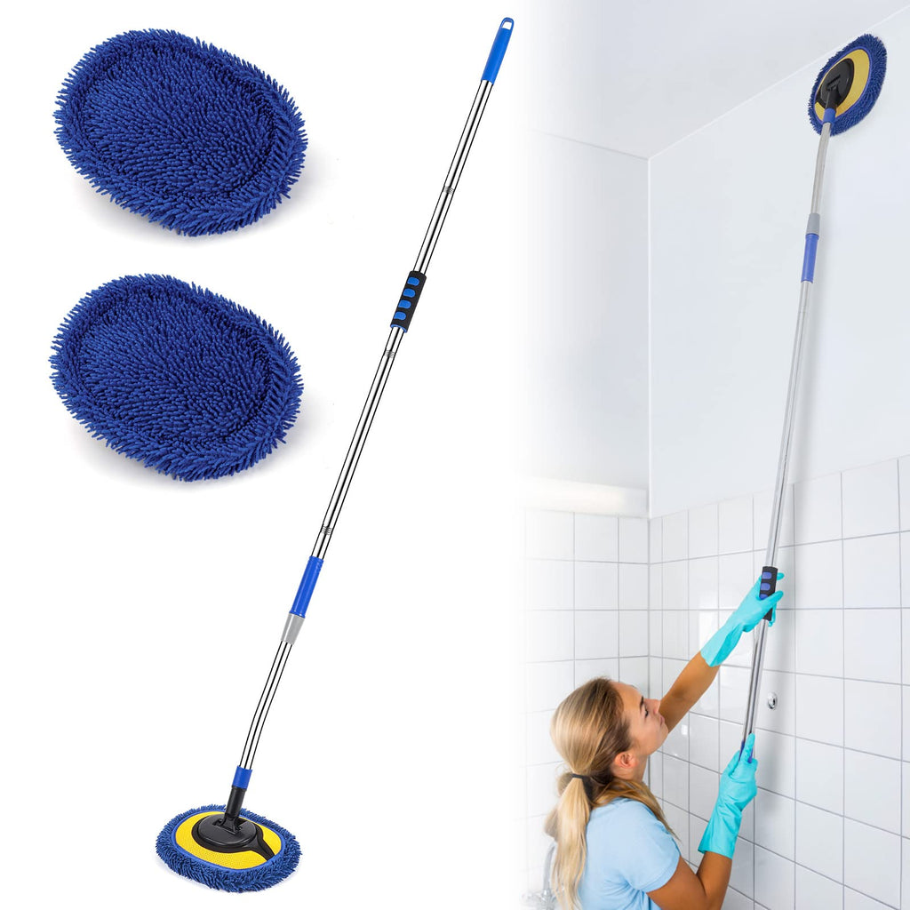 Wall Cleaner, Max 66'' Wall Mop with Long Handle, Ceiling Dust Mop with 15° Labor-Saving Elbow Extension Pole, Baseboard Duster Washer Scrubber, High Reach Window Cleaning Brush, Roof Cleaning Tool-BU
