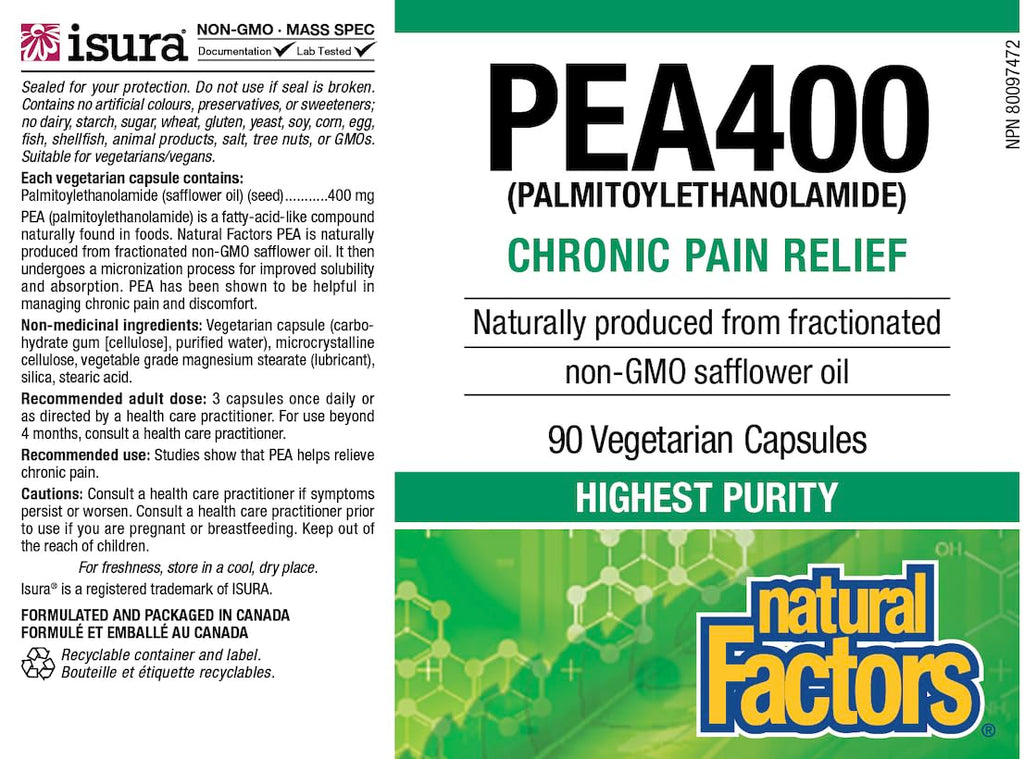 Natural Factors PEA400 - Pure Palmitoylethanolamide for Relief - Supports Nervous System & Occasional Discomfort - Non-GMO - 90 Capsules (90 Servings)