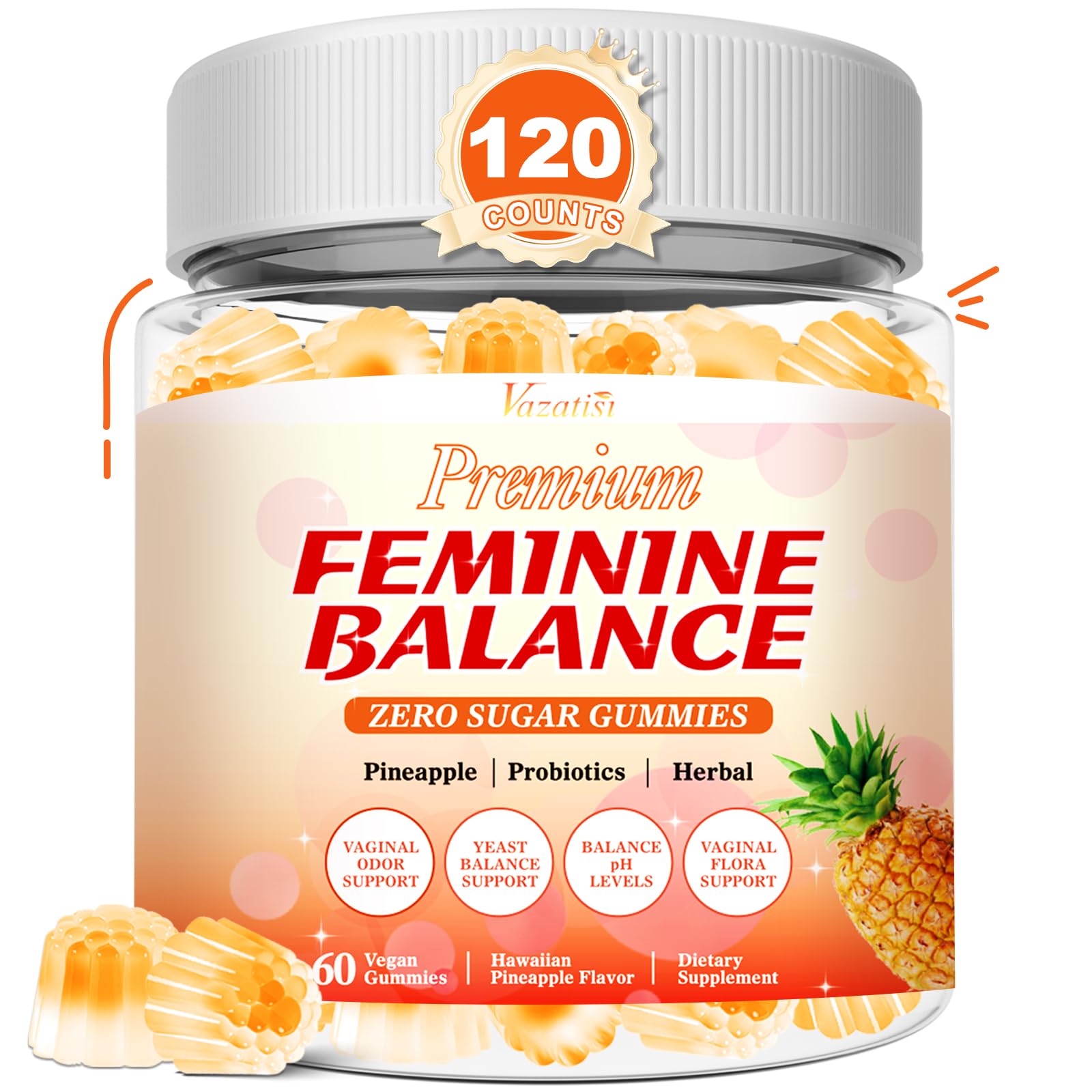 Vazatisi 120 Count | Feminine Balance Gummies for Women’s | Pineapple Gummies for Women PH Balance, Healthy Odor, Yeast Balance & Flora | Vegetarian Friendly, Sugar Free